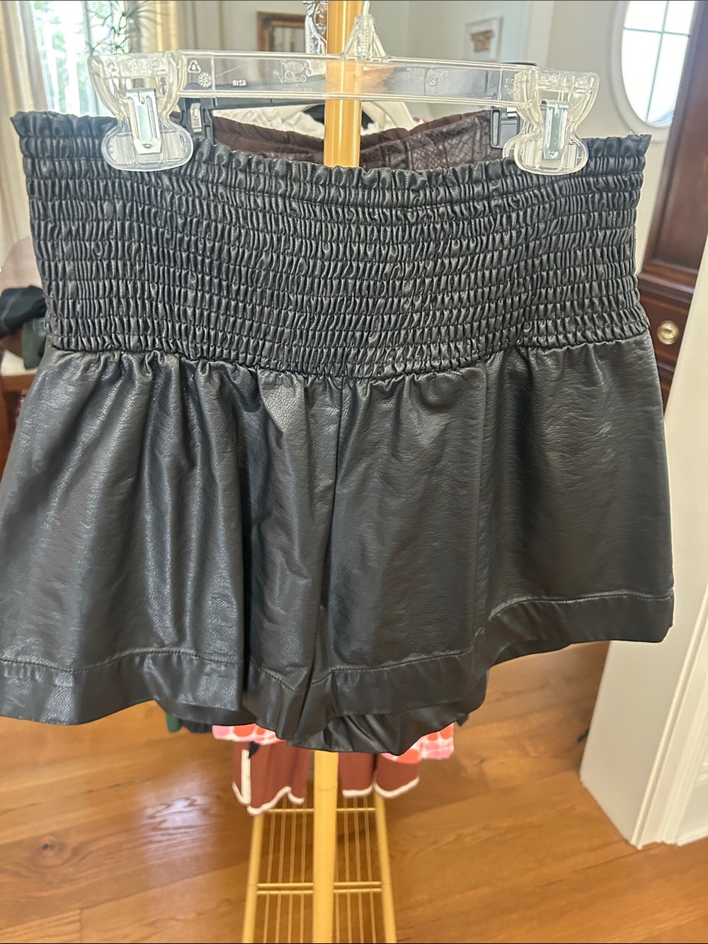 TCEC Black Smocked Faux Leather Skort